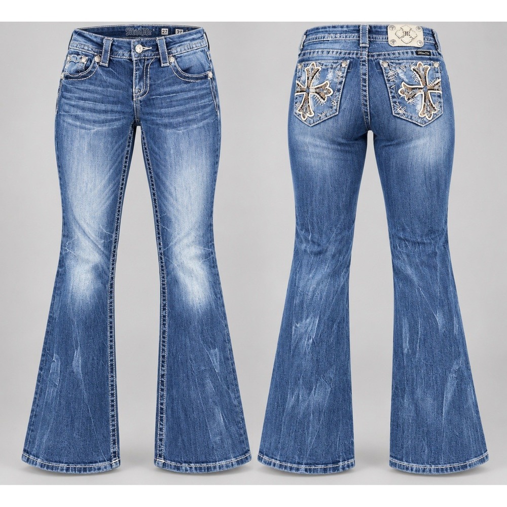 Miss Me boot Jeans Women 27x29 Rhinestone cross thick stitch Y2K